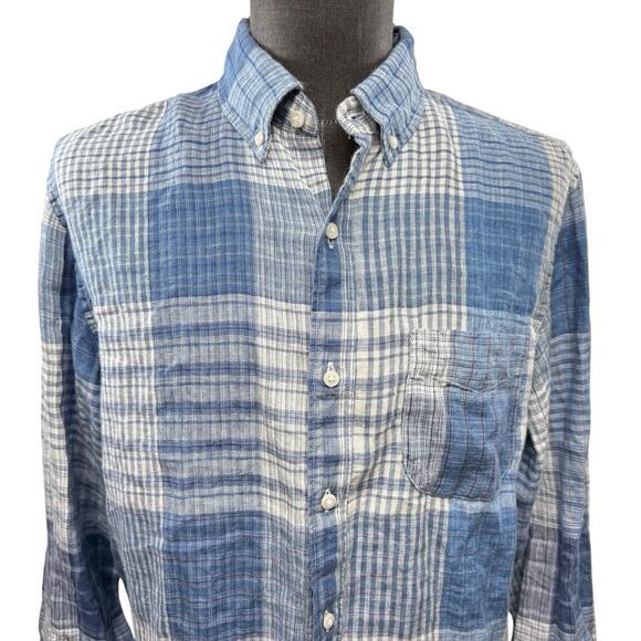 J Crew 100% Linen Slim Blue Plaid Patchwork long sleeve Button Down Size L - Picture 2 of 9